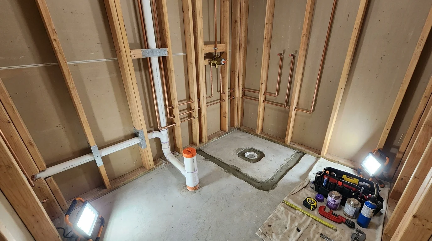 Bathroom rough-in plumbing during remodel by Johns Plumbing LLC in Absarokee