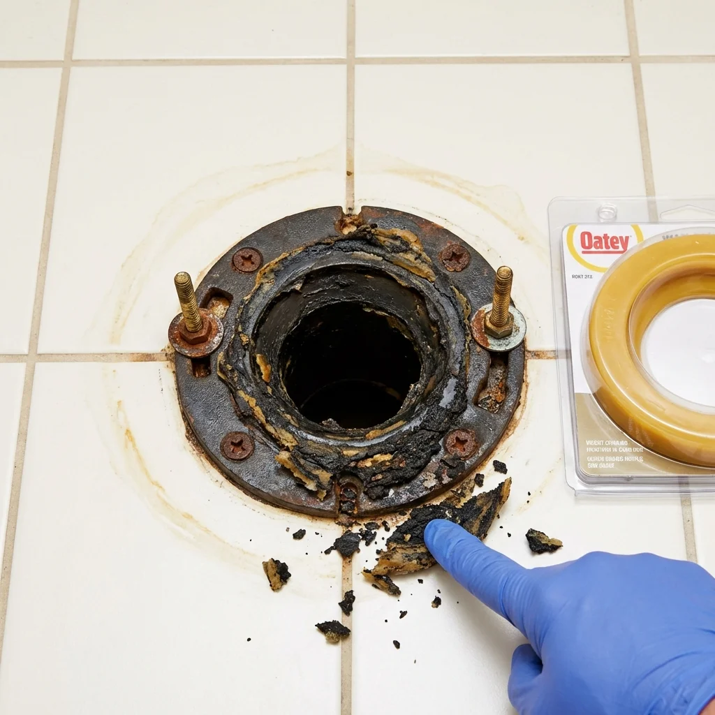Failed wax ring showing water seepage at the base of a toilet in a Absarokee, MT home